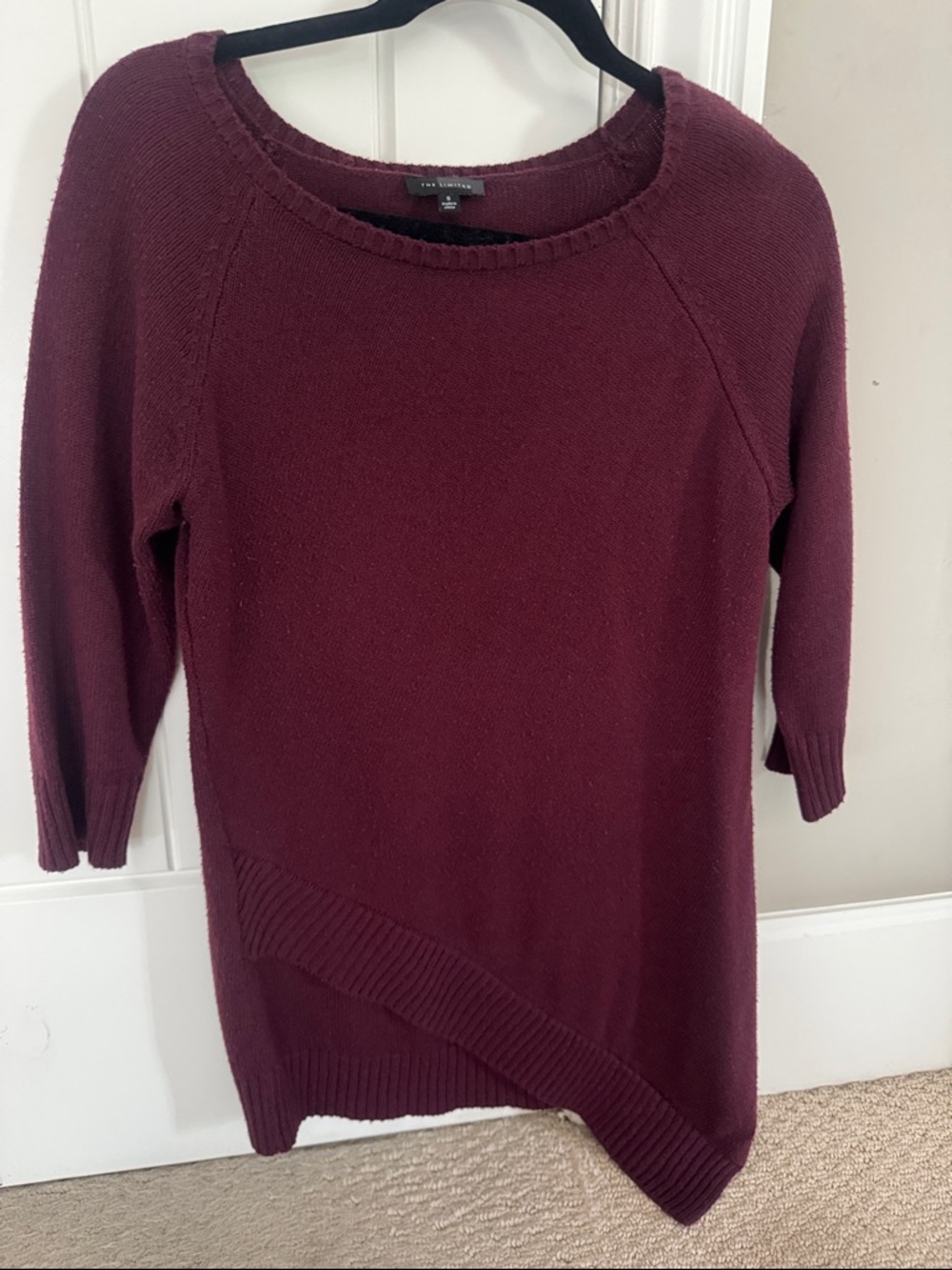 The limited Women's burgundy asymmetrical 3/4 sleeve Knit Sweater Tunic